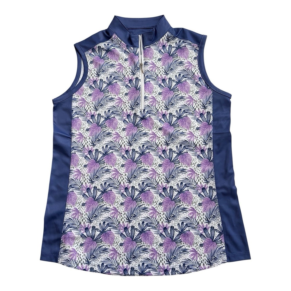 BERMUDA SANDS Quarter Zip Sleeveless Golf Top Purple Floral Pullover Medium